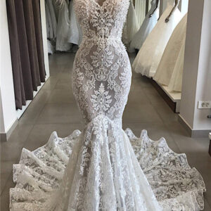 fit and flare lace crystals necklace wedding dresses open back bridal gowns with feather showprettydress
