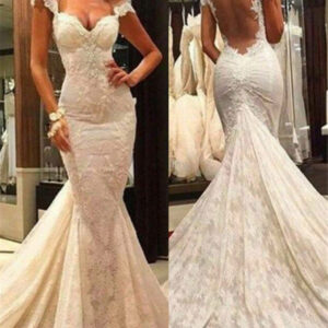fit and flare lace wedding dresses sheer tulle back wholesale bridal gowns with chapel train showprettydress