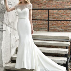 floral beaded cap sleeve mermaid lace ivory wedding dress with chapel train showprettydress