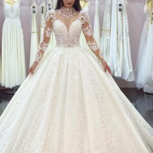 glamorous long sleeves lace princess wedding dress ball gown high neck showprettydress
