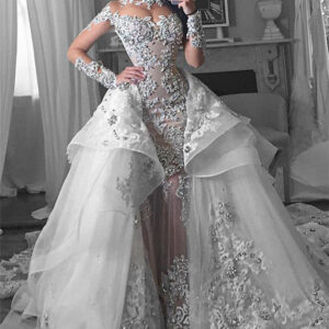 glamorous long sleevess tulle high neck bridal gowns appliques wedding dresses with detachable overskirt showprettydress