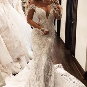 glamorous off the shoulder long sleevess v neck appliques mermaid floor length wedding dresses showprettydress