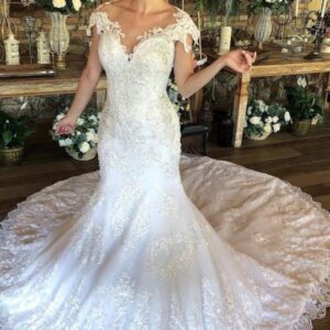 gorgeous cap sleeves mermaid wedding dress lace bridal wear with zipper back showprettydress