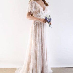 Gorgeous Long A-line V-Neck Lace Wedding Dresses with Cap Sleeves