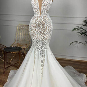 Gorgeous Long Mermaid Sweetheart Beaded Lace Organza Wedding Dress