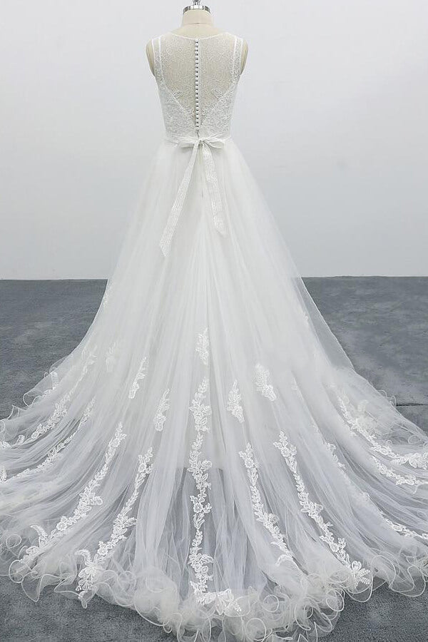graceful-long-a-line-appliques-tulle-backless-wedding-dress-showprettydress-2 Graceful Long A-line Appliques Tulle Backless Wedding Dress - Image 2