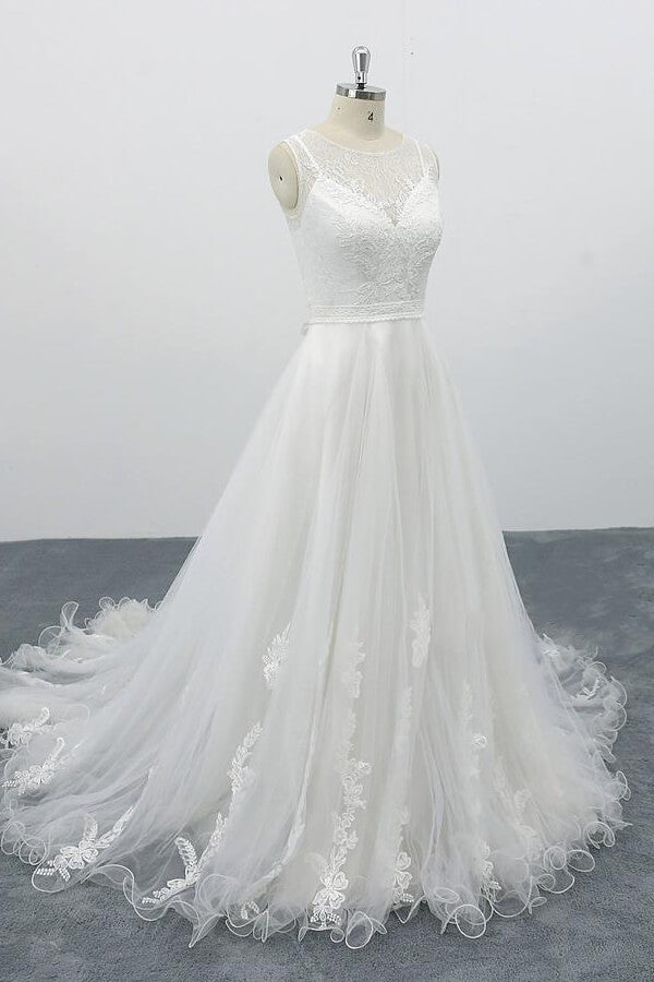 graceful-long-a-line-appliques-tulle-backless-wedding-dress-showprettydress-3 Graceful Long A-line Appliques Tulle Backless Wedding Dress - Image 3
