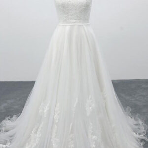 Graceful Long A-line Appliques Tulle Backless Wedding Dress