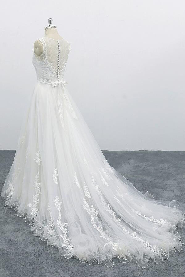 graceful-long-a-line-appliques-tulle-backless-wedding-dress-showprettydress-4 Graceful Long A-line Appliques Tulle Backless Wedding Dress - Image 4