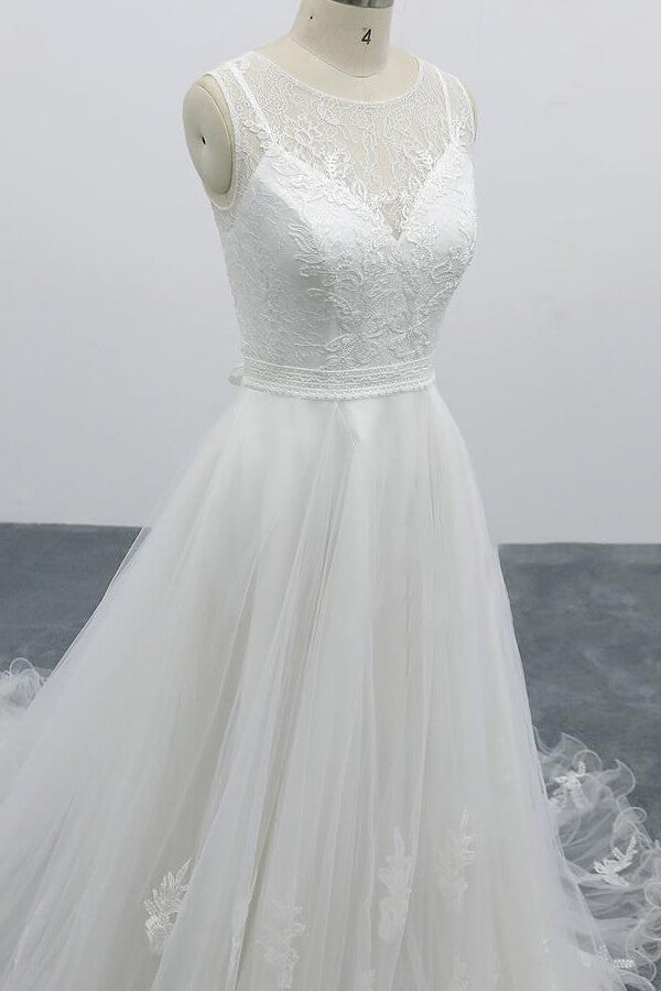 graceful-long-a-line-appliques-tulle-backless-wedding-dress-showprettydress-7 Graceful Long A-line Appliques Tulle Backless Wedding Dress - Image 7