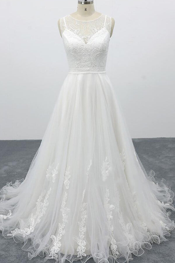 graceful-long-a-line-appliques-tulle-backless-wedding-dress-showprettydress Graceful Long A-line Appliques Tulle Backless Wedding Dress