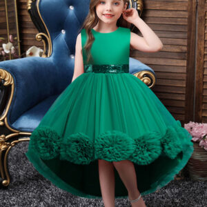 green jewel neck sleeveless bows tulle cotton sequined kids party dresses showprettydress