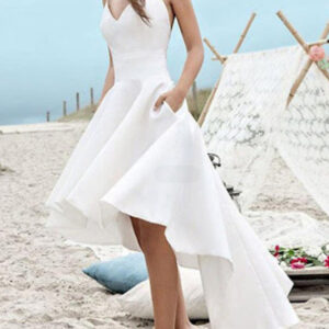 High Low A-Line V Neck Spaghetti Strap Satin Wedding Dresses with Pockets