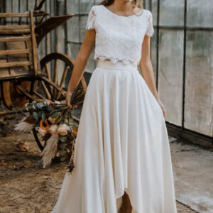 High Low Two Piece Satin Lace Wedding Dress with Sleeves