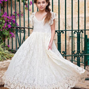 ivory jewel neck lace short sleeves floor length a line lace kids social party dresses showprettydress