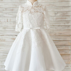 ivory lace satin high neck long sleeves wedding flower girl dress showprettydress