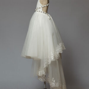 ivory lace sequins high low criss cross bow sash tulle long kids pageant dress with train showprettydress