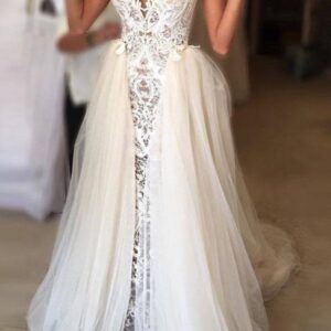 Ivory Long A-line Sweetheart Lace Tulle Wedding Dress