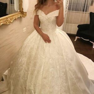 Ivory Long Ball Gown Off the Shoulder Satin Lace Appliques Wedding Dress