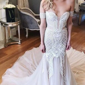 Ivory Long Mermaid Off-the-Shoulder Chapel Train Tulle Lace Wedding Dress