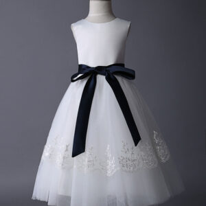 ivory tulle flower girl dress with lace applique and navy blue sash showprettydress