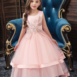 jewel neck cotton sleeveless ankle length princess beaded formal kids pageant flower girl dresses showprettydress