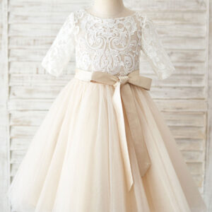 jewel neck half sleeves sash kids social party dresses showprettydress