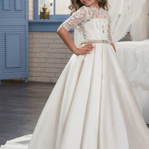 jewel neck half sleeves studded kids formal party dresses showprettydress