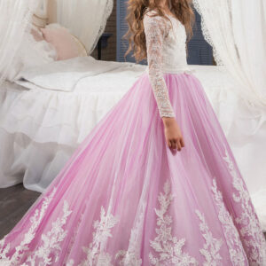 jewel neck lace long sleeves ankle length ball gown embroidered kids pageant flower girl dresses showprettydress