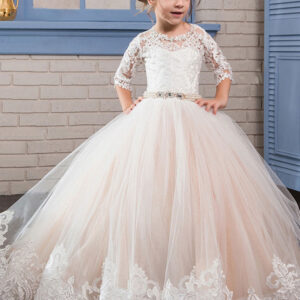 jewel neck lace long sleeves floor length princess embroidered formal kids pageant flower girl dresses showprettydress