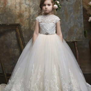 jewel neck lace short sleeves floor length princess embroidered formal kids pageant flower girl dresses showprettydress