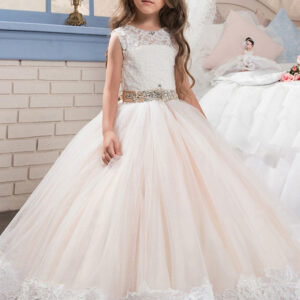 jewel neck lace sleeveless ankle length ball gown studded kids pageant flower girl dresses showprettydress