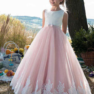 jewel neck lace sleeveless ankle length princess bows kids social pageant dresses showprettydress