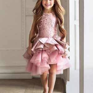 jewel neck lace sleeveless short a line applique kids social party dresses showprettydress
