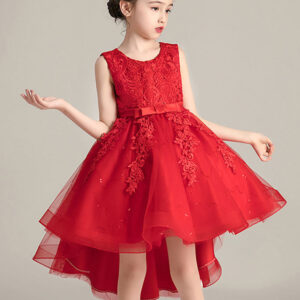 jewel neck lace sleeveless short a line bows red kids social party dresses showprettydress