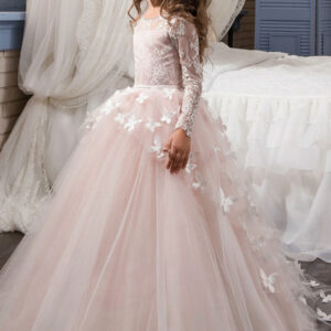 jewel neck long sleeves butterfly formal kids princess flower girl dress showprettydress