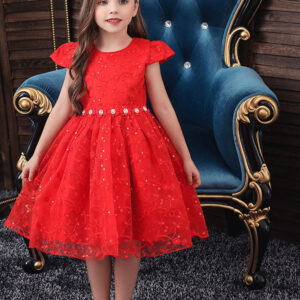 jewel neck polyester cotton short sleeves short princess flowers kids social party dresses showprettydress