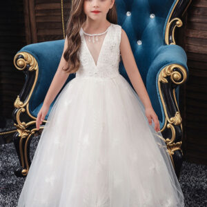 jewel neck polyester sleeveless ankle length bows formal kids pageant flower girl dresses showprettydress