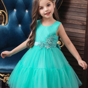 jewel neck polyester sleeveless short princess bows kids party dresses showprettydress