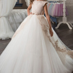 jewel neck satin fabric sleeveless with train princess lace kids party dresses showprettydress