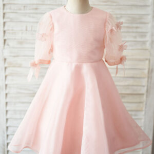 jewel neck short sleeves kids pink social party dresses showprettydress