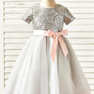 jewel neck short sleeves sash kids party dresses showprettydress