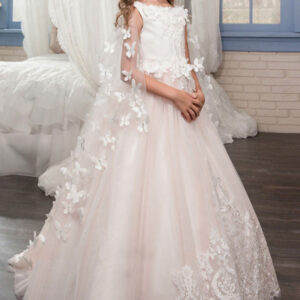 jewel neck sleeveless applique detachable tulle warp formal kids pageant flower girl dresses showprettydress