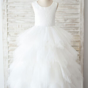 jewel neck sleeveless back crossed lace formal kids pageant flower girl dresses showprettydress