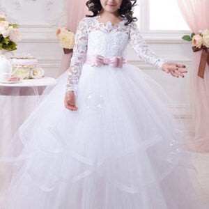 jewel neck tulle long sleeves floor length ball gown bows kids pageant flower girl dresses showprettydress