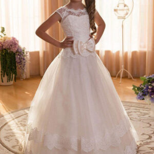 jewel neck tulle short sleeves floor length princess bows kids formal pageant dresses showprettydress