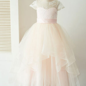 jewel neck tulle short sleeves floor length princess sash kids social party dresses showprettydress