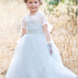 jewel neck tulle short sleeves princess bows formal kids pageant flower girl dresses showprettydress