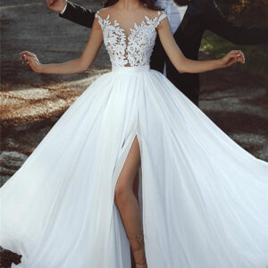 lace appliques chiffon wedding dresses modern front slit sheer bride dress showprettydress
