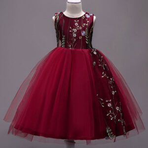 lace embroidered kids tutu dress tulle sleeveless burgundy little girls party dress showprettydress